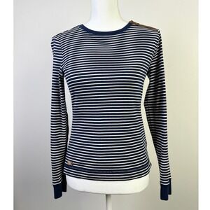 Ralph Lauren Preppy Striped Long Sleeve Top Brown Accent Shoulder Patches Size M